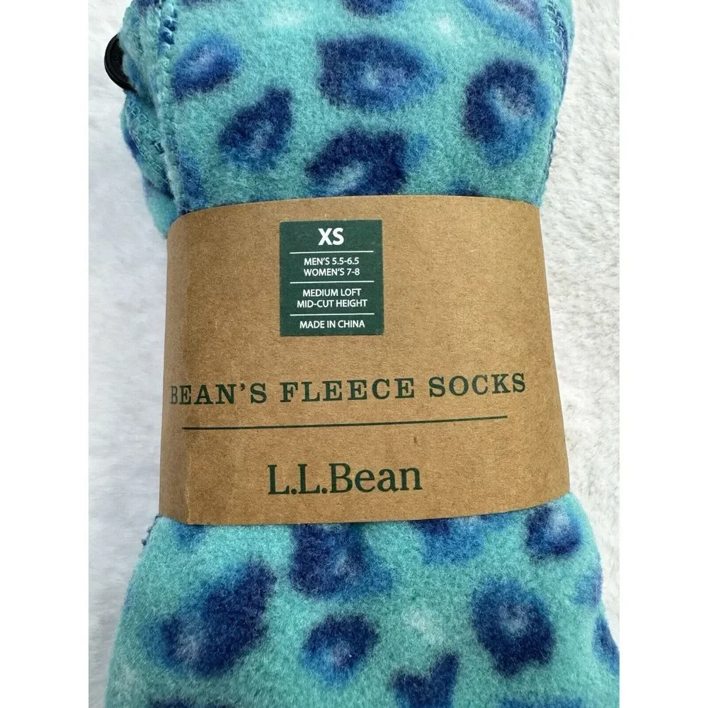 LL Bean Bean's Fleece Socks Turquoise Leopard XS Women 7 - 8 / Men 5.5 -‎ 6.5